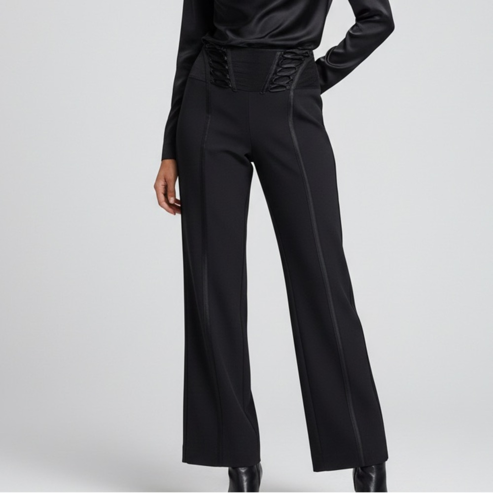 Cache Black Straight Leg Lace-up Tuxedo Pants Satin Trim Size 6 HSH